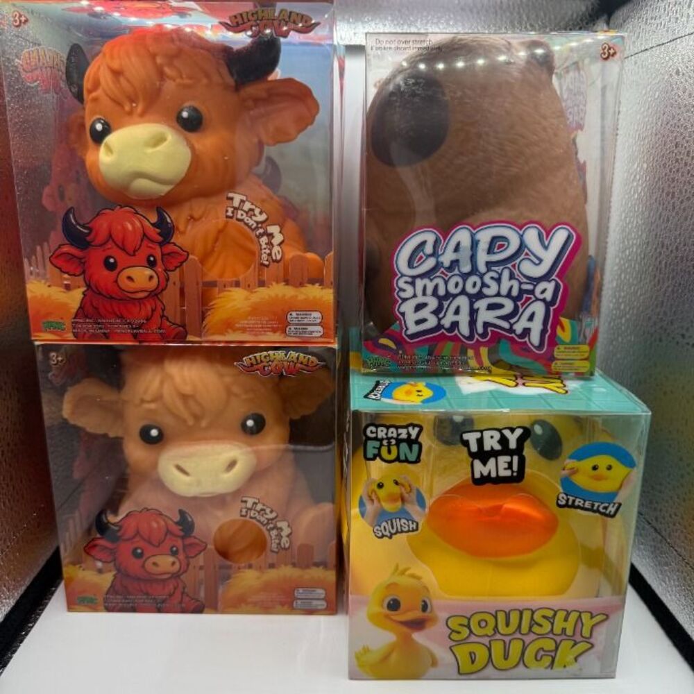 5 Below Jumbo Animal Squishy Bundle: Highland Cow X2, Duck, Capy Smoosh-A Bara